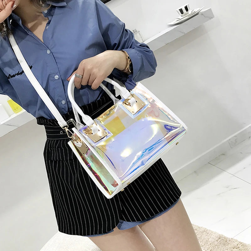 2PCS Women Transparent PVC Jelly Handbag Laser Shoulder Bags