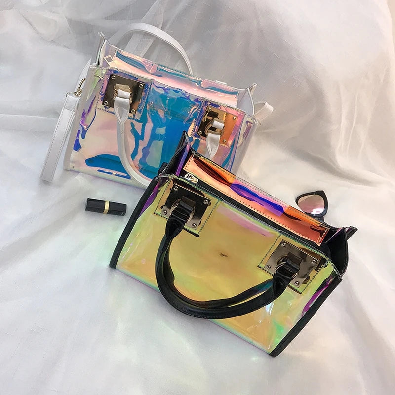 2PCS Women Transparent PVC Jelly Handbag Laser Shoulder Bags