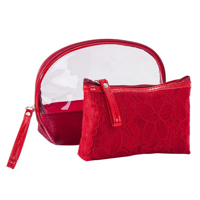 2PCS Lace Cosmetic Bag Transparent PVC Travel Toiletry Bag Zipper Purse BB68