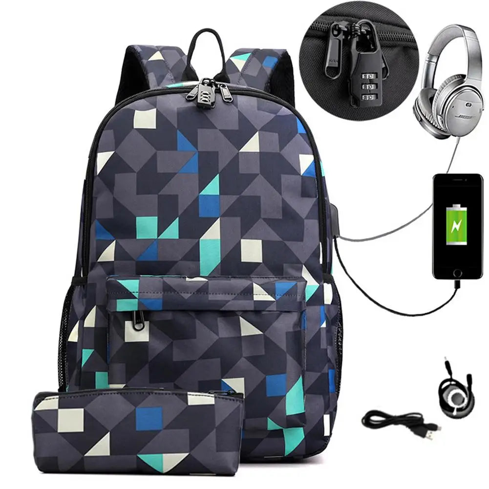College Waterproof Backpack USB Charging Laptop Bag