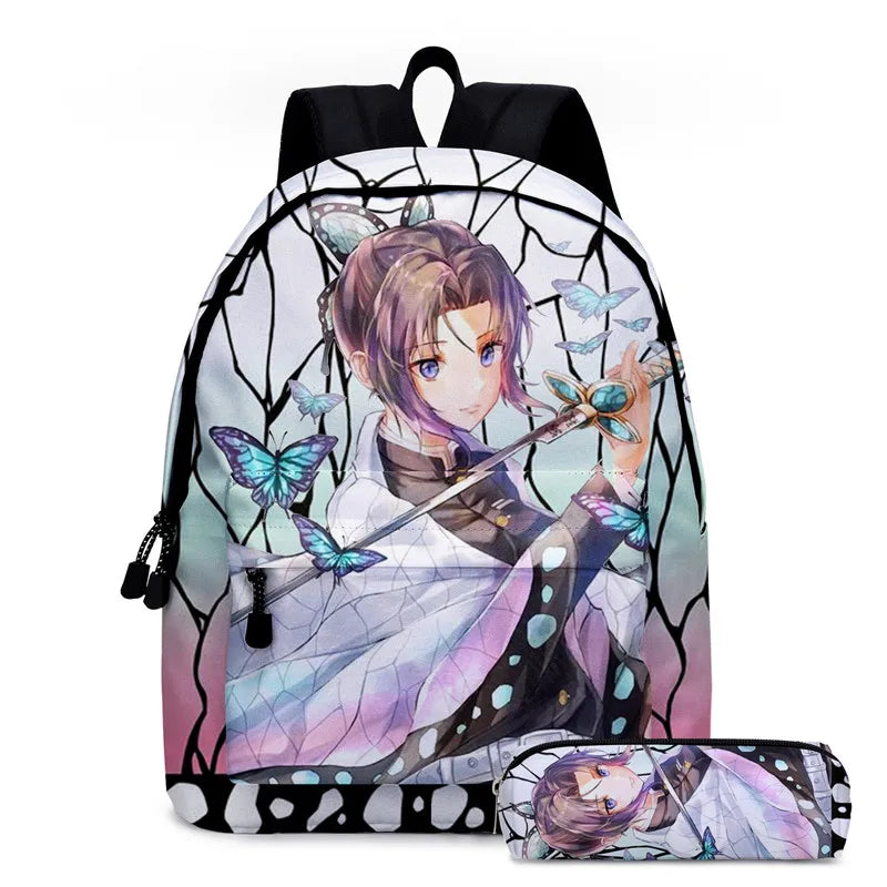 2Pcs Anime Demon Slayer Backpacks Kochou Shinobu Rucksacks Kid School Pencil Bag
