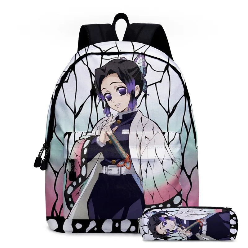 2Pcs Anime Demon Slayer Backpacks Kochou Shinobu Rucksacks Kid School Pencil Bag