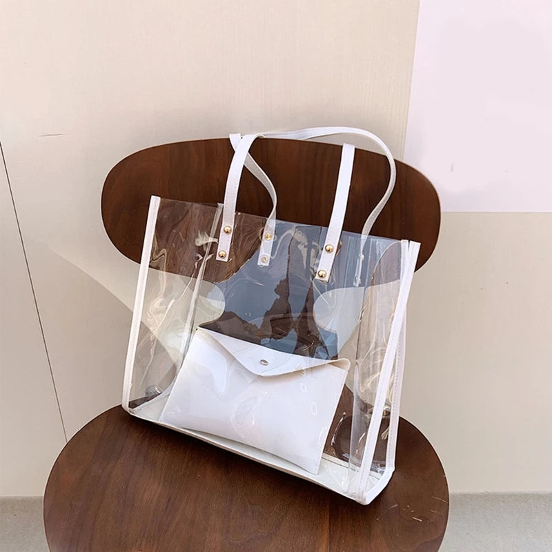 2Pcs Transparent PVC Shoulder Bag Waterproof Purse Handbag Jelly Large Shopping