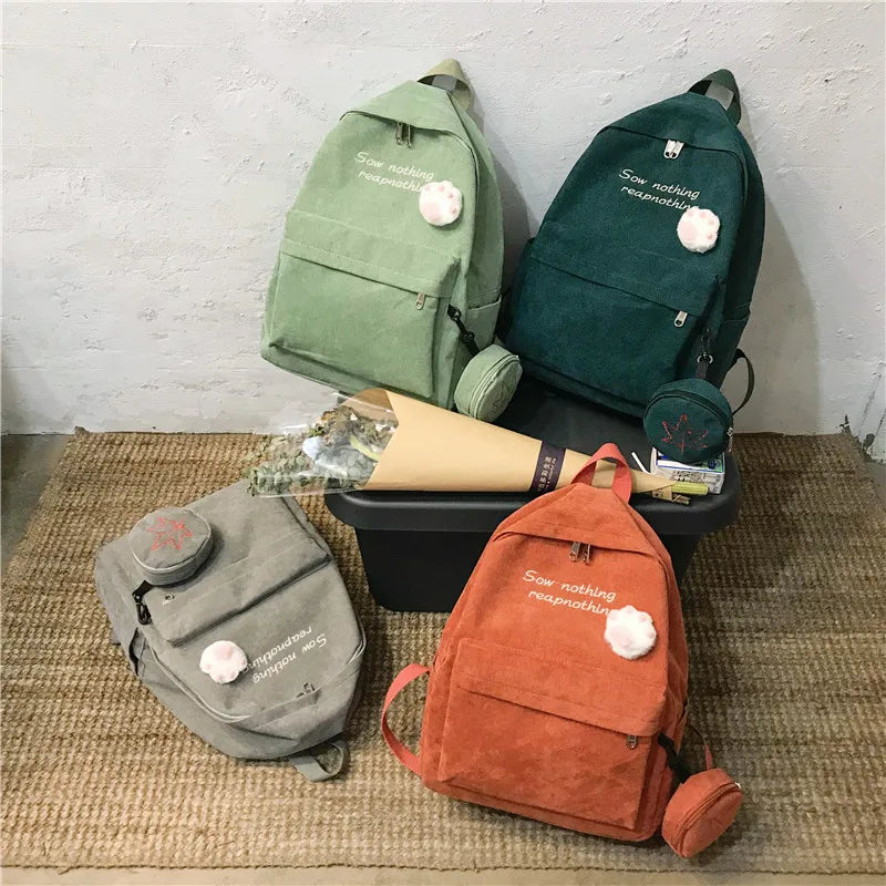 2Pcs Women Letter Embroidery Backpack Corduroy School Bags For Teenage Girls