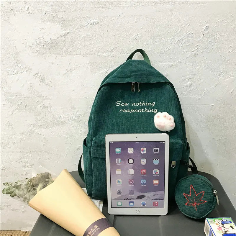 2Pcs Women Letter Embroidery Backpack Corduroy School Bags For Teenage Girls
