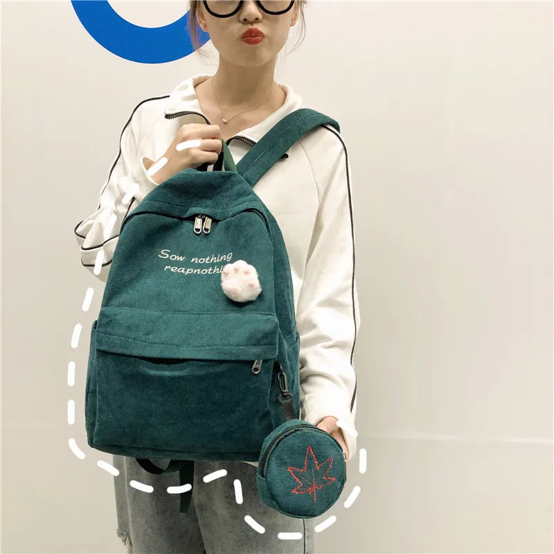2Pcs Women Letter Embroidery Backpack Corduroy School Bags For Teenage Girls