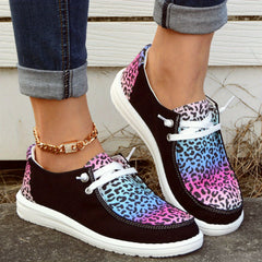 Leopard Print Boat Shoes Lace Up Casual Canvas Sneakers Lightweight