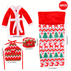 4pcs Christmas Elf Accessories Set: Apron, Sleeping Bag, Bathrobe, Hat