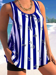 Striped Print Casual Tankini Sets Round Neck Boxer Short Bottom Swimsuit