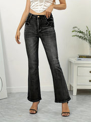 Whiskering Washed Boot Cut Jeans Slash Pocket Medium Stretch Flare Denim Pants