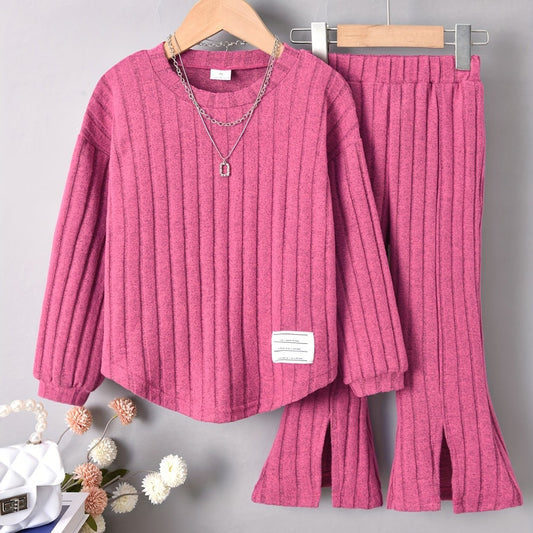 Girl's Ribbed Long Sleeve Top & Flared Pants Set Casual Outfits Spring Fall