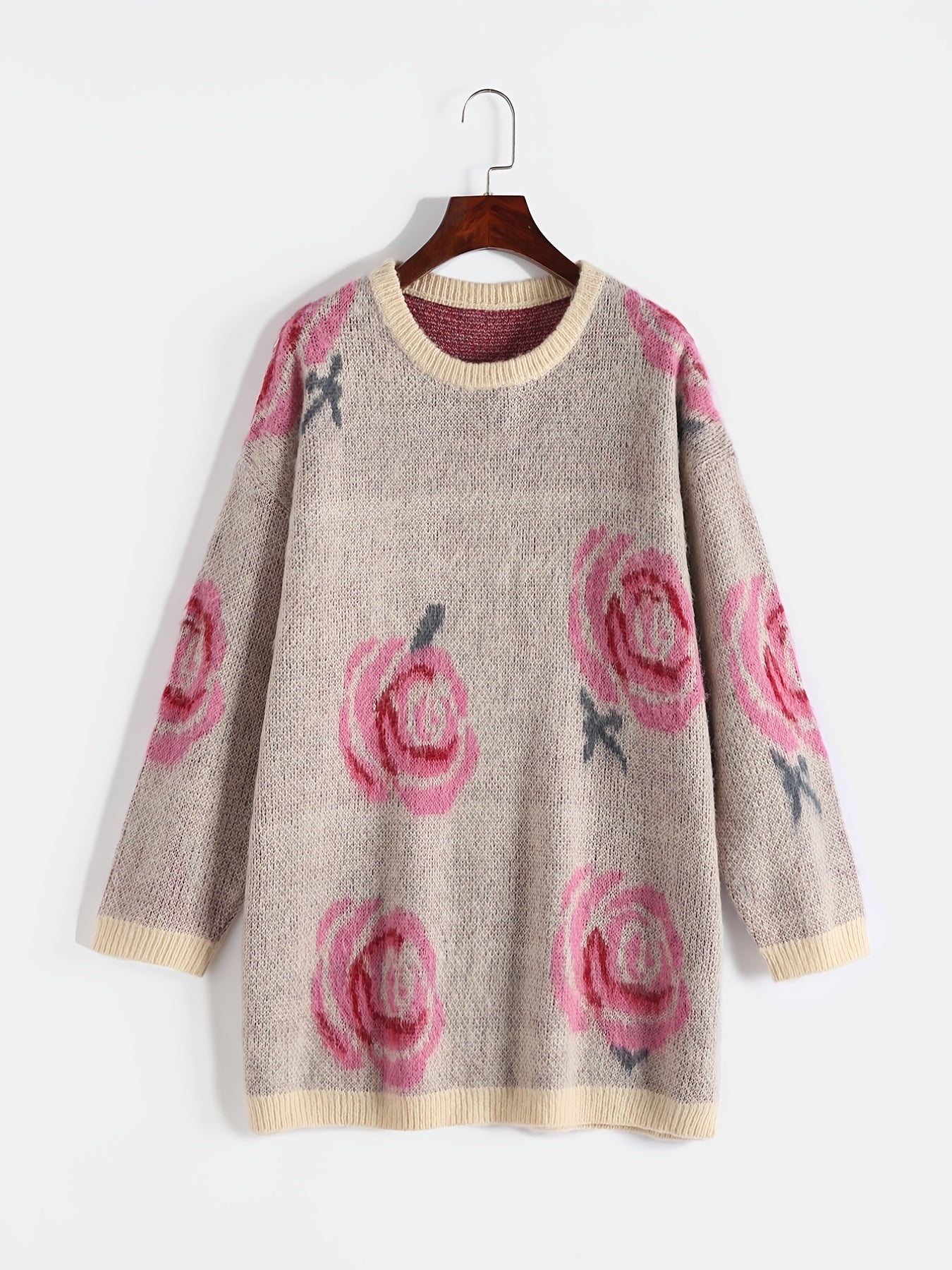 Floral Print Round Neck Knit Sweater Plus Size