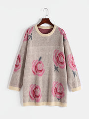 Floral Print Round Neck Knit Sweater Plus Size