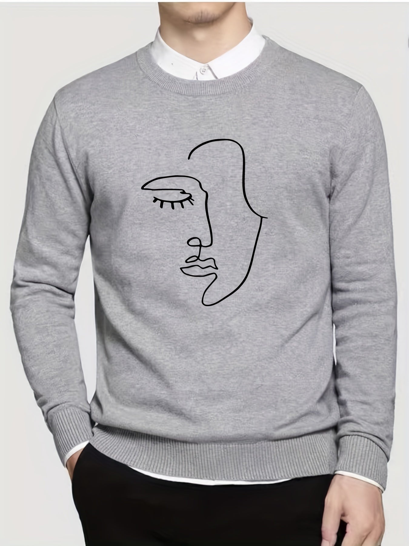Abstract Face Painting Print Knitted Sweater Men's Warm Crew Neck Pullover