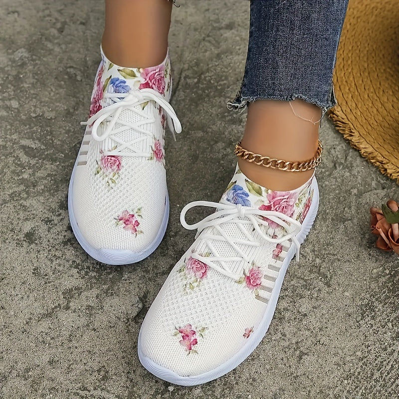 Women's Flower Pattern Sneakers Mesh Lace Up Outdoor Shoes