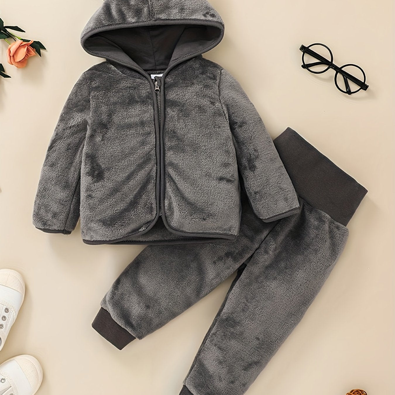 Baby Girls Solid Thermal Outfit Zip Up Hooded Coat Trousers Set
