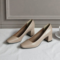 Chunky Heeled Court Pumps Square Toe Slip On Mid Heels for Office Work
