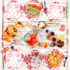 Pink Dog Paw Prints Party Supplies Set - Plates, Napkins, Tablecloth
