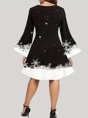 Plus Snowman Print Bell Sleeve Round Neck Dress