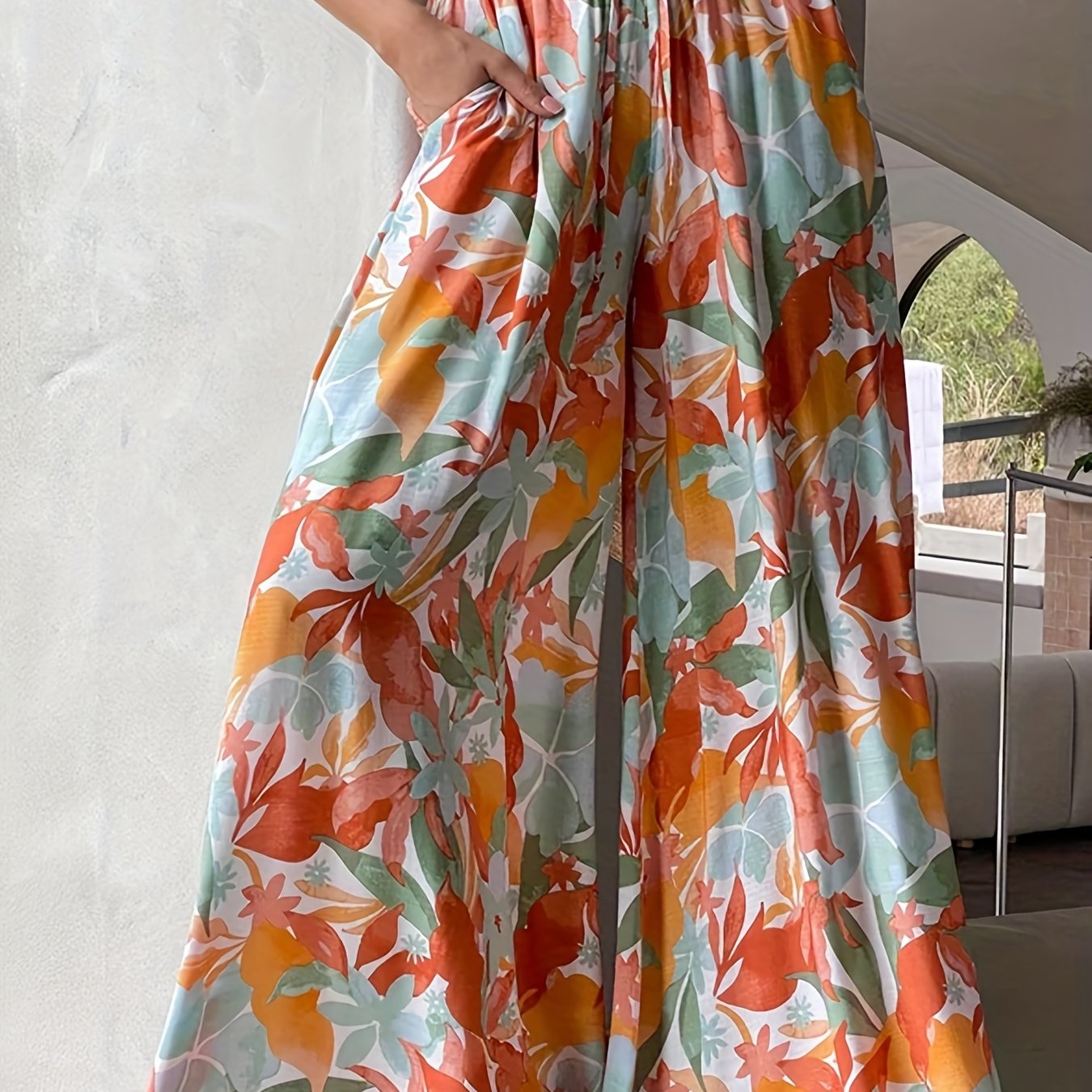 Floral Print Drawstring Palazzo Pants Boho Vacation Elastic Waist Wide Leg Pants