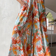 Floral Print Drawstring Palazzo Pants Boho Vacation Elastic Waist Wide Leg Pants
