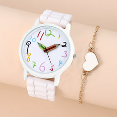 PVC Girls Strip Round Wrist Watch & Heart Bangle Set