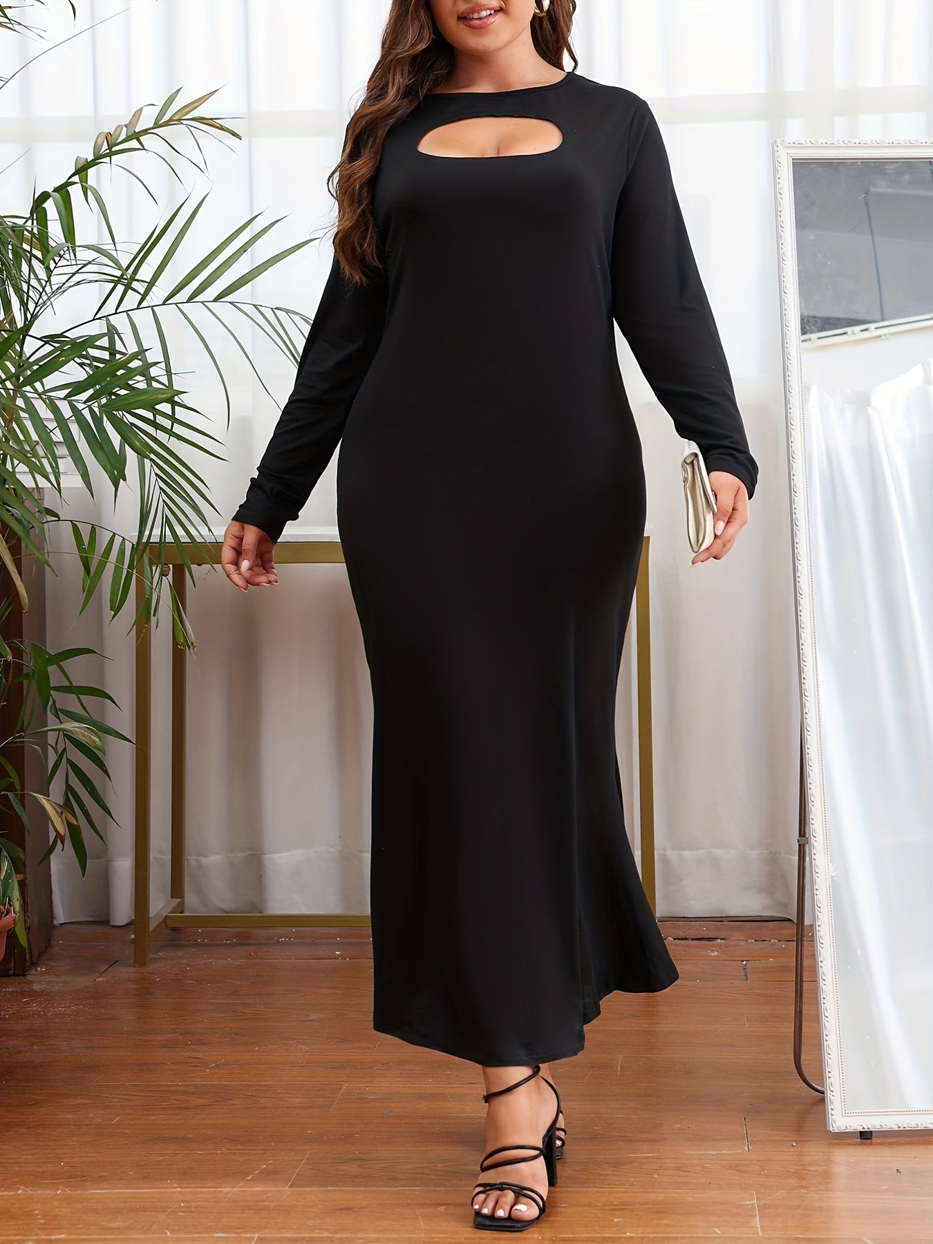 Solid Keyhole Long Sleeve Round Neck Mermaid Maxi Party Dress