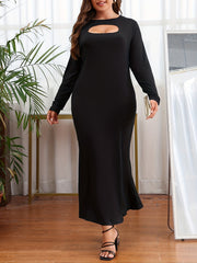 Solid Keyhole Long Sleeve Round Neck Mermaid Maxi Party Dress