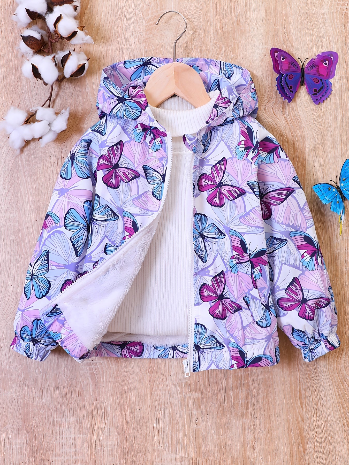 Butterfly Print Hooded Coat Girls Fleece Lined Zipper Closure Winter Warm Jacket
