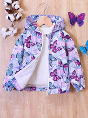 Butterfly Print Hooded Coat Girls Fleece Lined Zipper Closure Winter Warm Jacket