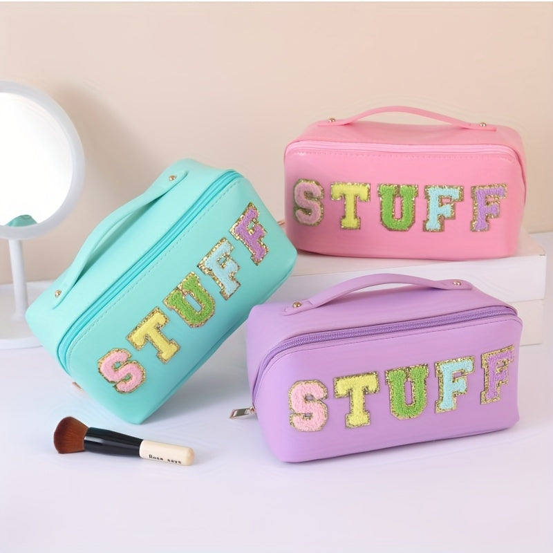Preppy Patch Makeup Bag Large Capacity Waterproof PU Embroidery Chenille