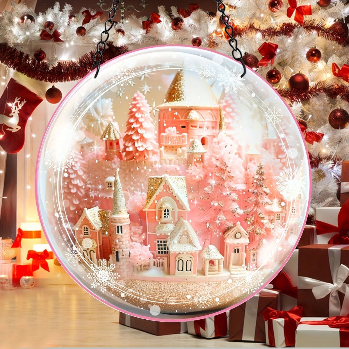 Pink Christmas Castle Suncatcher 3D Pink Window Wall Hanging Ornament