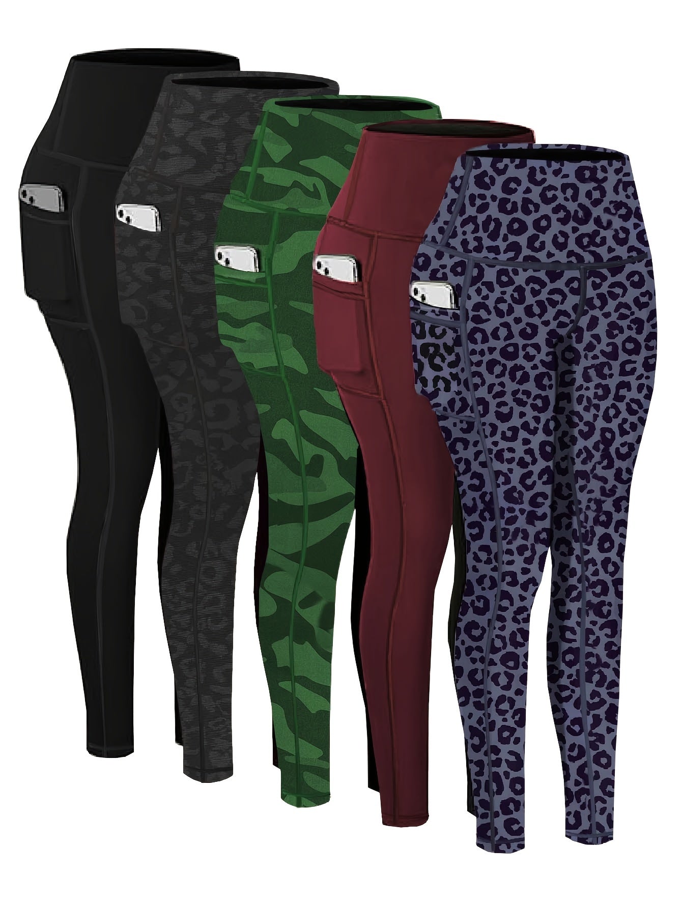 5 Pack Plus Size Sports Leggings Set Women's Plus Stitching Wide Waistband