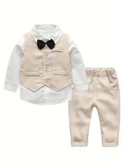 Boys Plaid Gentleman Outfits Long Sleeve Bowtie Shirt&pants&vest Kids Clothing