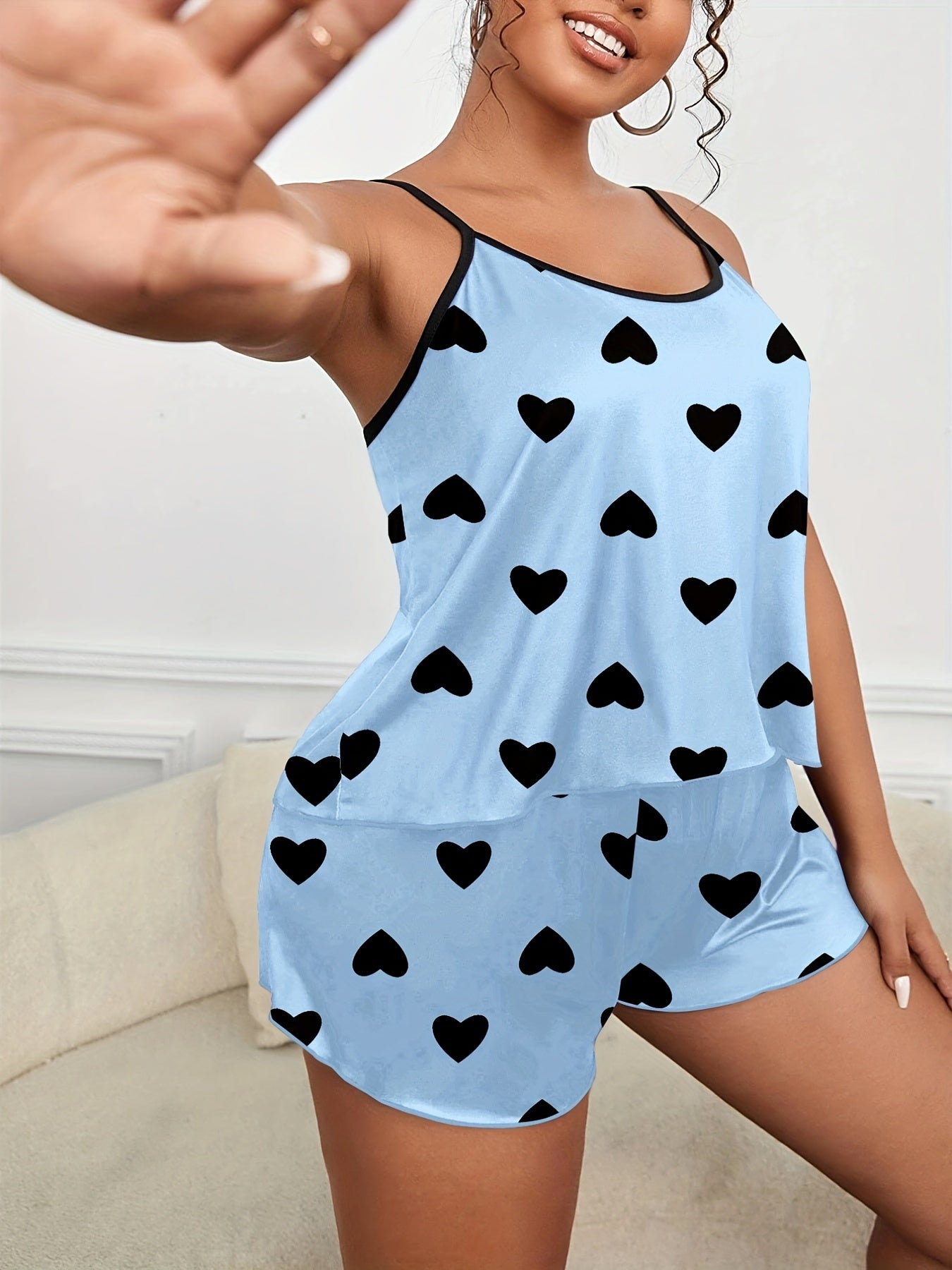 Heart Print Cami Top & Shorts Pajamas Set