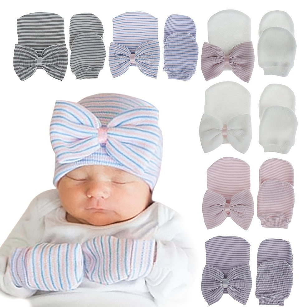 3 Sets Baby Girls Thermal Bow Cap & Mittens Set