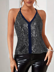 Sequined V Neck Cami Top Solid Sleeveless Party Women's Clothing