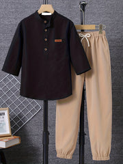 Boy's 2pcs Button Front Shirt & Pants Set Solid Casual Outfits Kids Clothes
