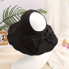 Backless Ponytail Bowknot Sun Hat Wide Brim Solid Casual Beach Hats Cotton Sunsc
