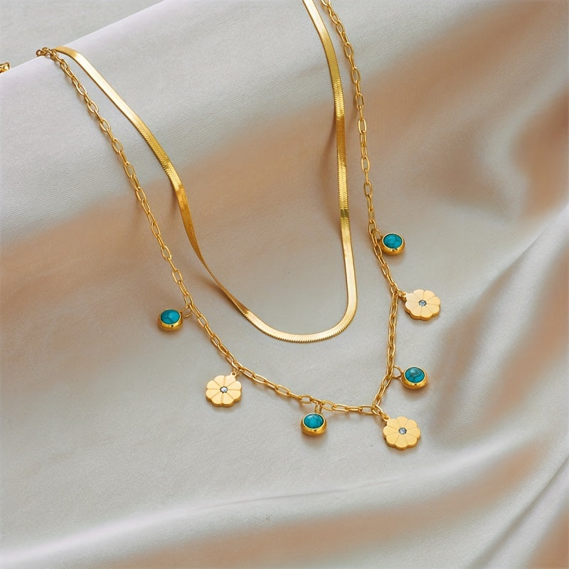 Boho Vintage Stainless Steel Double Chain Necklace with Flower Turquoise Pendant