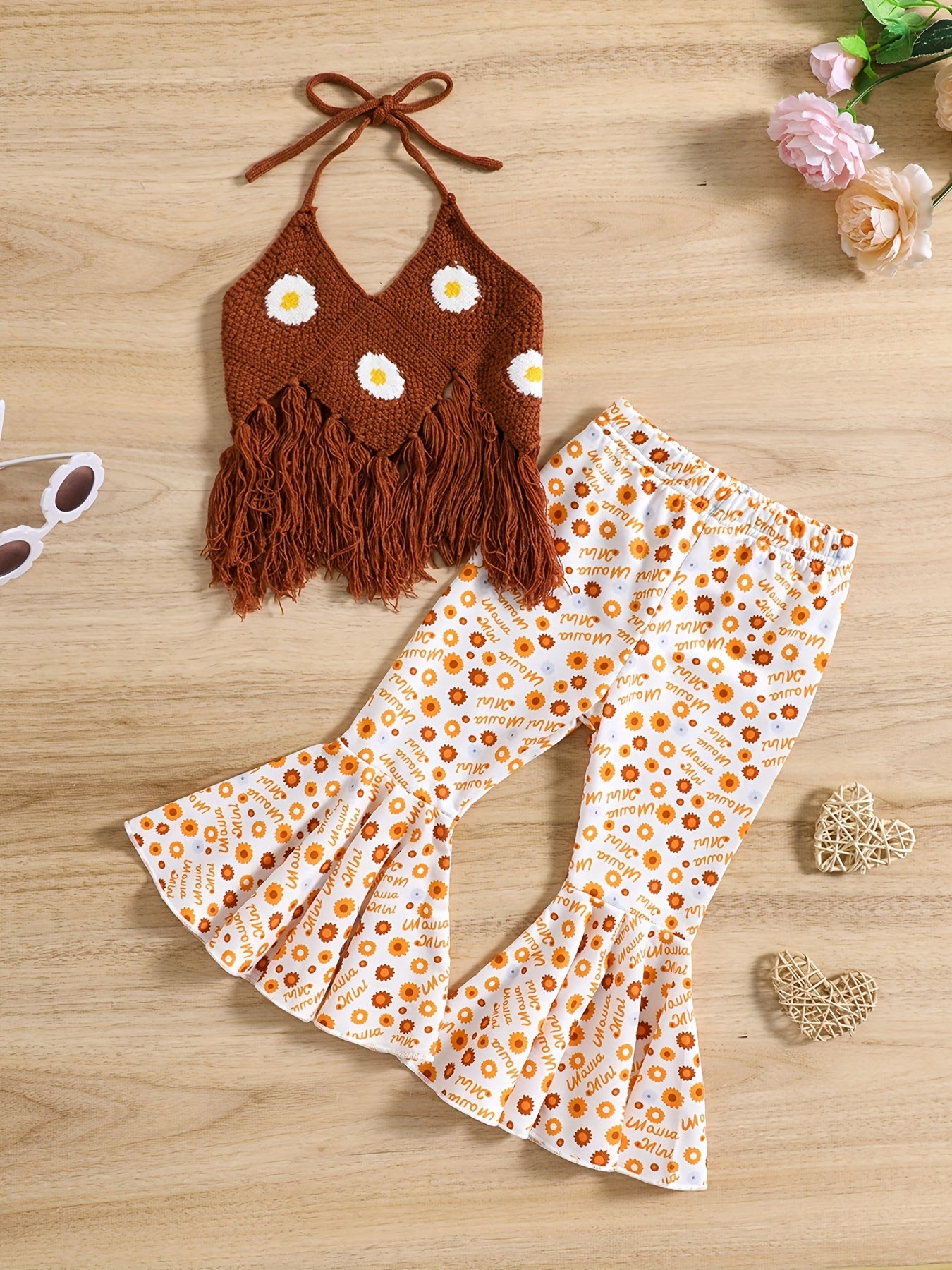 2pcs Baby Girls Knit Halter Top & Flared Pants Set