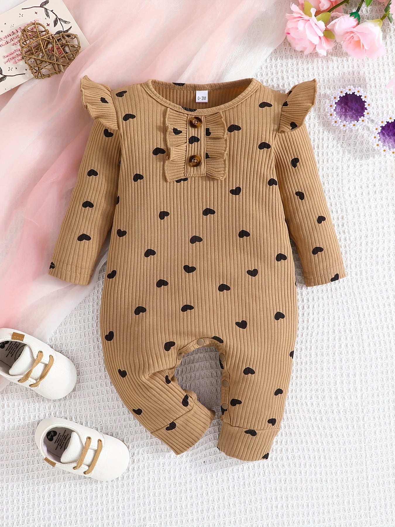 Baby Girls Floral Fruit Heart Print Ruffle Trim Romper Jumpsuit