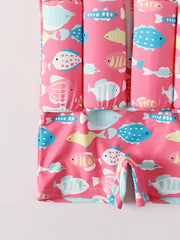 2pcs Baby Girls Fish Print One Piece Swimsuit With Buoyancy & Swimming Cap Set