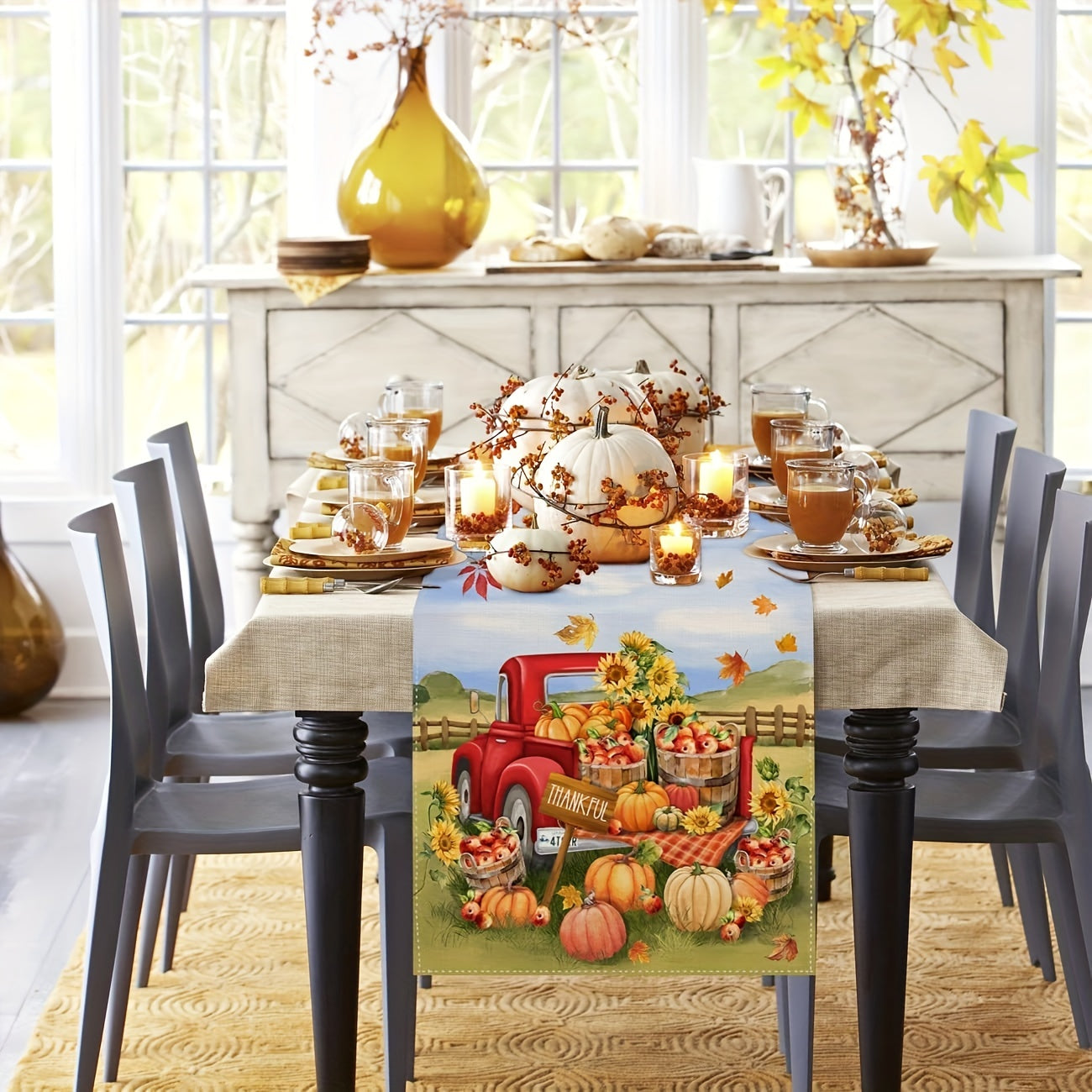 Thanksgiving Table Runner Pumpkin Truck Maple Leaf Pattern Home Decor