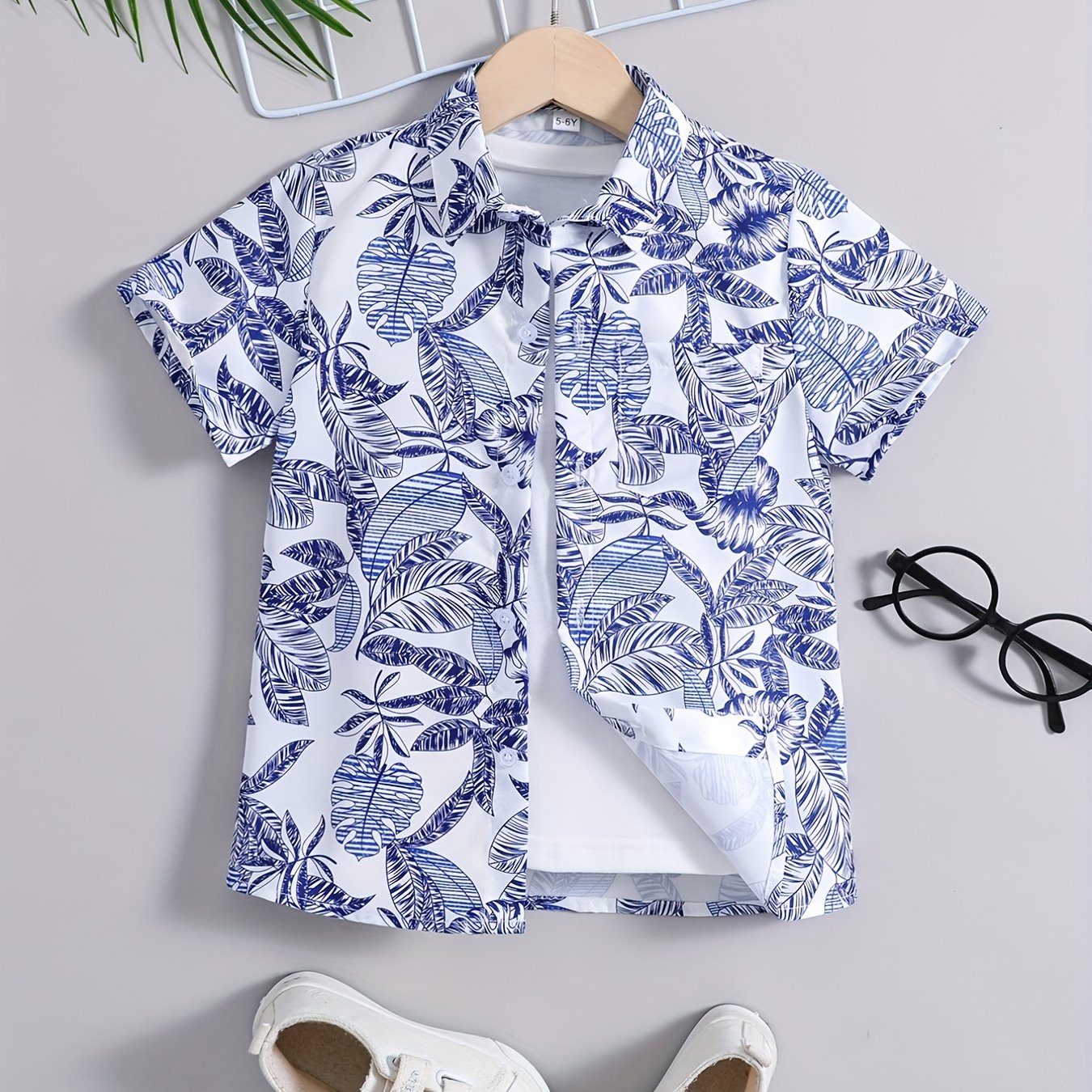 Boys Leaves Print Shirt Preppy Style For Summer Kids Clothes