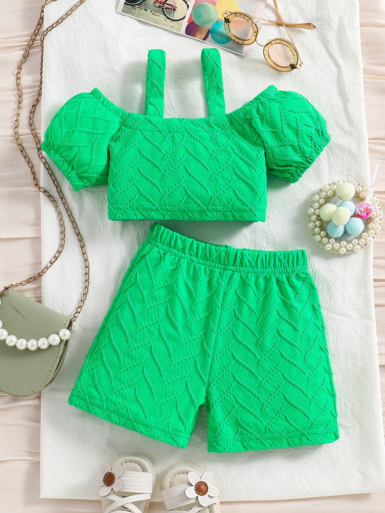 2pcs Toddler Girls Chevron Textured Crop Top & Shorts Set