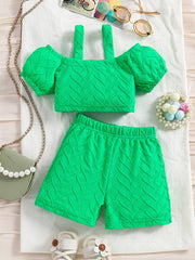 2pcs Toddler Girls Chevron Textured Crop Top & Shorts Set