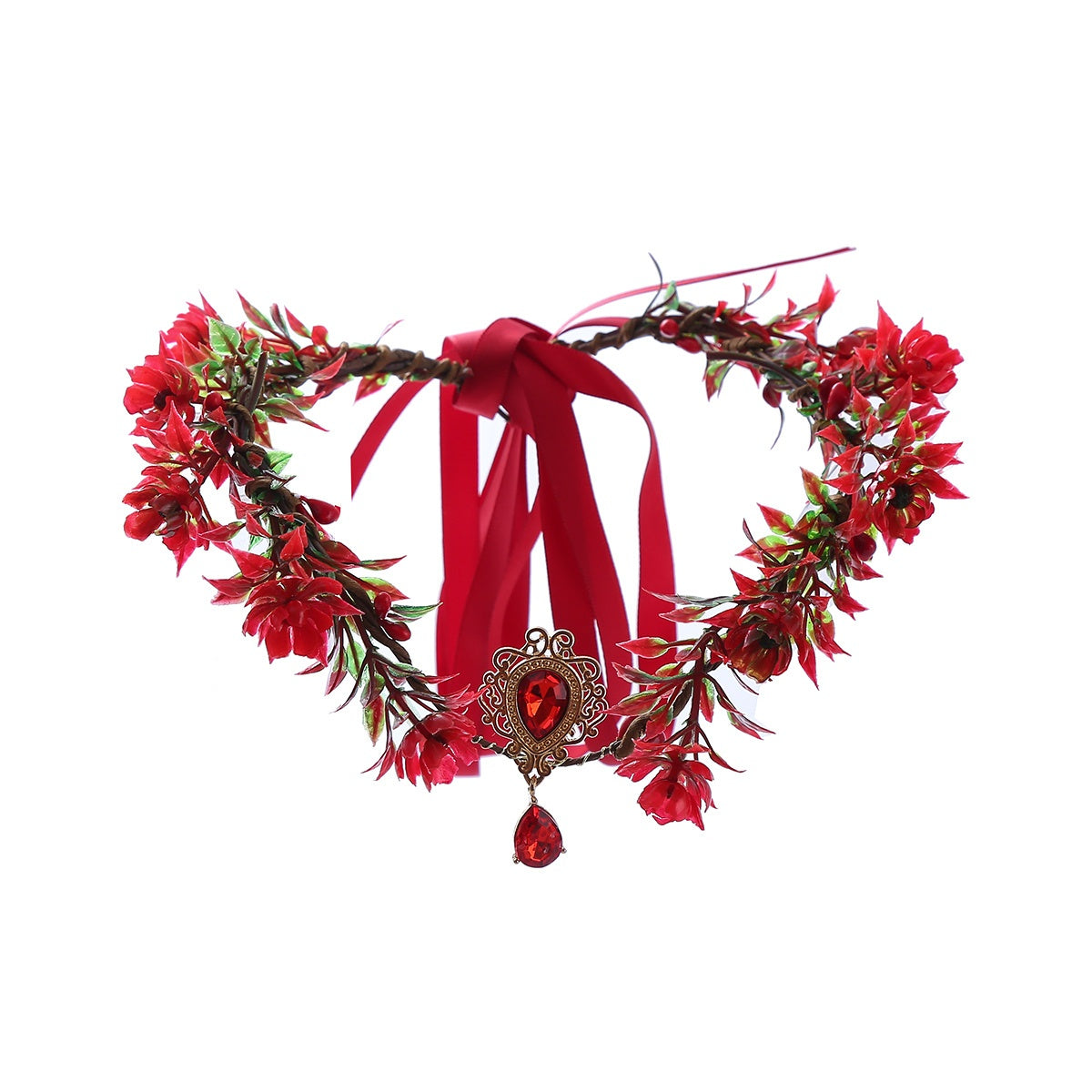 Girl's Red Rattan Eyebrow Heart Drop Wreath Headband Christmas Hair Hoop