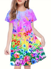 Flower Print Short Sleeve Dress for Summer Party