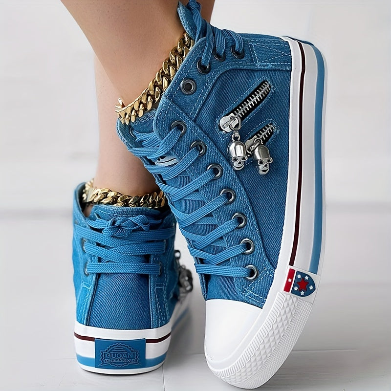 Women's Skull Zipper Denim High Top Sneakers